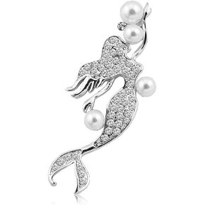 دبابيس زينة بتصميم حورية البحر مزينة بالكريستال وحجر الراين بتصميم بسيط ولؤلؤي رائع للنساء، اكسسوارات ملابس للكريسماس ورأس السنة الجديدة، مجوهرات للنساء والفتيات، مصنوعة من خليط معدني من الستيل بدون in Kuwait