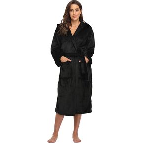 Women's Plush Hooded Bathrobe Winter Warm Robes Soft Fleece Long Robe Luxury Dressing Gown