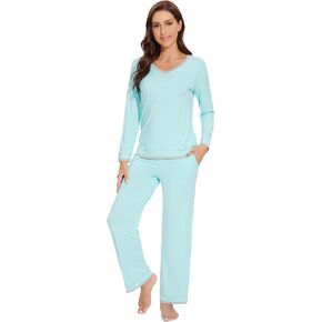WiWi Bamboo Viscose Pajamas Sets for Women Soft Tops with Pants Sleepwear V-neck Pj Set with Pockets S-XXL