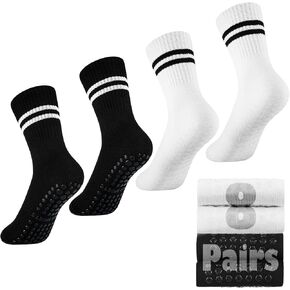 Handepo 8 Pairs Yoga Socks with Grips for Women, Non Slip Crew Neck Long Socks for Pilates Yoga, Ballet, Fitness, Barre, Dance, Household Fitness Pilates Stripe Socks, White and Black in Saudi Arabia
