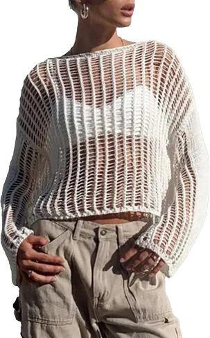 Meladyan المرأة الكروشيه متماسكة شبكة صيد السمك المحاصيل الأعلى مثير الجوف خارج انظر من خلال كم طويل سموك تي شيرت الشاطئ التستر in Kuwait