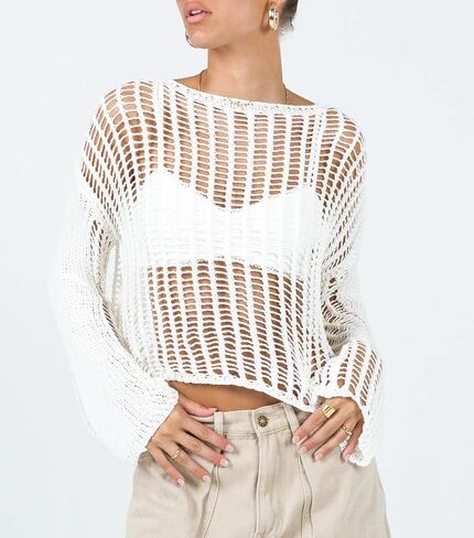 Meladyan المرأة الكروشيه متماسكة شبكة صيد السمك المحاصيل الأعلى مثير الجوف خارج انظر من خلال كم طويل سموك تي شيرت الشاطئ التستر in Kuwait