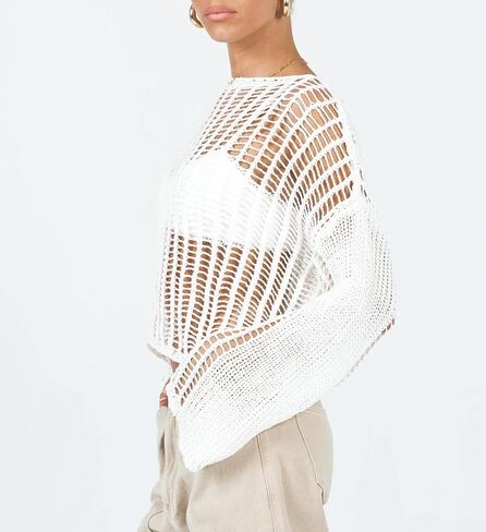 Meladyan المرأة الكروشيه متماسكة شبكة صيد السمك المحاصيل الأعلى مثير الجوف خارج انظر من خلال كم طويل سموك تي شيرت الشاطئ التستر in Kuwait