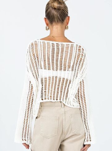 Meladyan المرأة الكروشيه متماسكة شبكة صيد السمك المحاصيل الأعلى مثير الجوف خارج انظر من خلال كم طويل سموك تي شيرت الشاطئ التستر in Kuwait