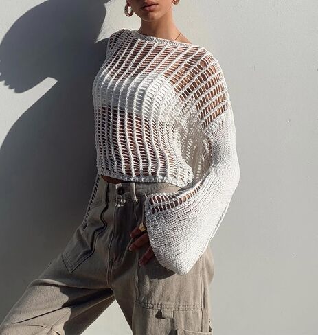 Meladyan المرأة الكروشيه متماسكة شبكة صيد السمك المحاصيل الأعلى مثير الجوف خارج انظر من خلال كم طويل سموك تي شيرت الشاطئ التستر in Kuwait