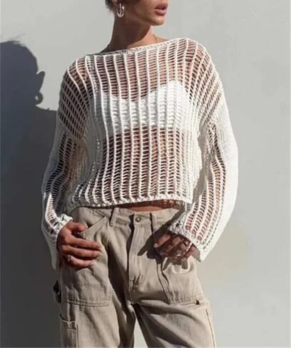 Meladyan المرأة الكروشيه متماسكة شبكة صيد السمك المحاصيل الأعلى مثير الجوف خارج انظر من خلال كم طويل سموك تي شيرت الشاطئ التستر in Kuwait