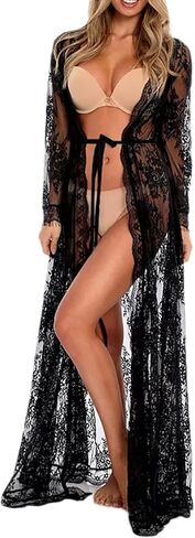 سترة Eddoyee شبكية من الدانتيل مفتوحة من الأمام للشاطئ للسيدات، غطاء لباس السباحة كيمونو in Kuwait