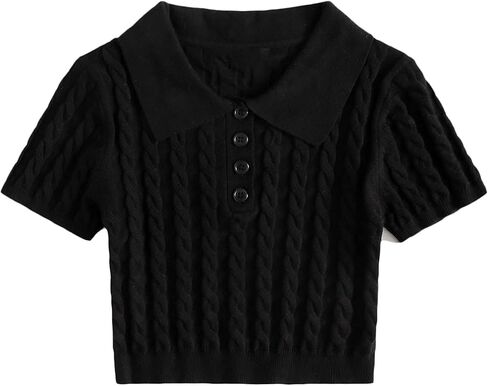 Verdusa Women's Button Front Short Sleeve Cable Knit Crop Top Pullover Sweater in Saudi Arabia