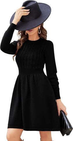 KOJOOIN Women Long Sleeve Knitted Crewneck High Waist A-Line Cute Mini Sweater Dress in Kuwait