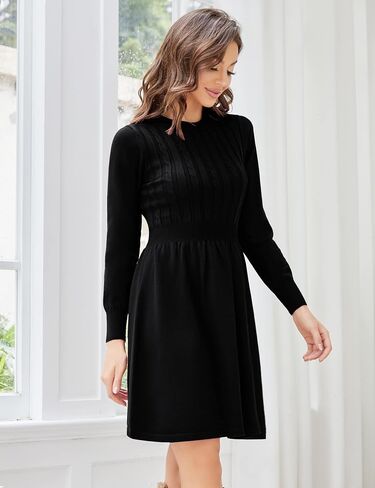 KOJOOIN Women Long Sleeve Knitted Crewneck High Waist A-Line Cute Mini Sweater Dress in Kuwait