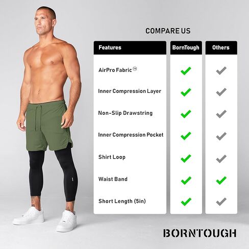 شورت بورن تاف اير برو 2 في 1 للتمارين الرياضية وكمال الأجسام والجري للرجال مع بطانة ضيقة in Kuwait