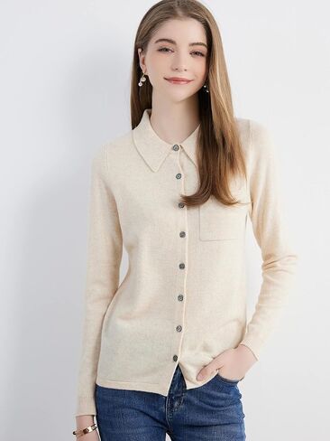 LINY XIN Women's Cardigan Sweaters 100% Merino Wool Spring Button Down Polo Collar Long Sleeve Soft Knitted Cardigan in Kuwait