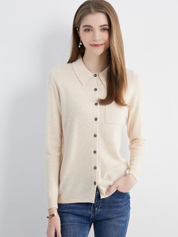 LINY XIN Women's Cardigan Sweaters 100% Merino Wool Spring Button Down Polo Collar Long Sleeve Soft Knitted Cardigan in Kuwait