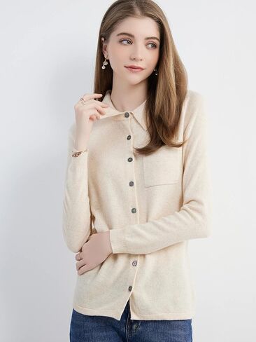LINY XIN Women's Cardigan Sweaters 100% Merino Wool Spring Button Down Polo Collar Long Sleeve Soft Knitted Cardigan in Kuwait