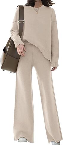 ETCYY NEW Womens Elegant Lounge Sets Knitted Sweatsuit Sets 2 Piece Outfits with Sweater Tops and Wide Leg Sweatpants in Saudi Arabia