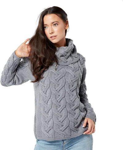 Supersoft Irish Merino Wool Chunky Cable Knit Cowl Sweater for Women Made in Ireland in Saudi Arabia