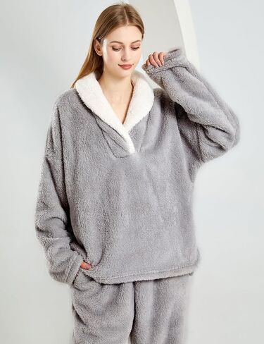 Arssm Women Fluffy Pajamas Set Fleece Pullover Pants Winter Loose Plush Lounge Sets 2 Piece Cozy Sleepwear in Kuwait