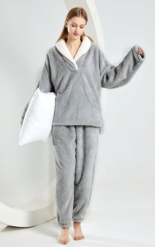 Arssm Women Fluffy Pajamas Set Fleece Pullover Pants Winter Loose Plush Lounge Sets 2 Piece Cozy Sleepwear in Kuwait