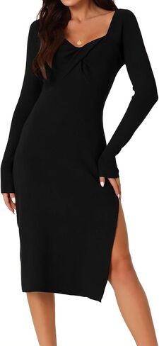 Seta T Women's Fall Slit Hem Long Sleeve Sweetheart Neck Ribbed Knit Midi Sweater Dress in Kuwait