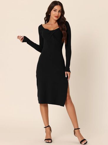 Seta T Women's Fall Slit Hem Long Sleeve Sweetheart Neck Ribbed Knit Midi Sweater Dress in Kuwait