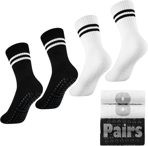 Handepo 8 Pairs Yoga Socks with Grips for Women, Non Slip Crew Neck Long Socks for Pilates Yoga, Ballet, Fitness, Barre, Dance, Household Fitness Pilates Stripe Socks, White and Black in Saudi Arabia