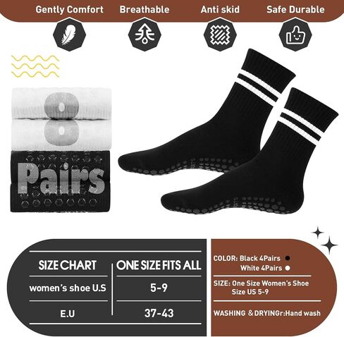 Handepo 8 Pairs Yoga Socks with Grips for Women, Non Slip Crew Neck Long Socks for Pilates Yoga, Ballet, Fitness, Barre, Dance, Household Fitness Pilates Stripe Socks, White and Black in Saudi Arabia