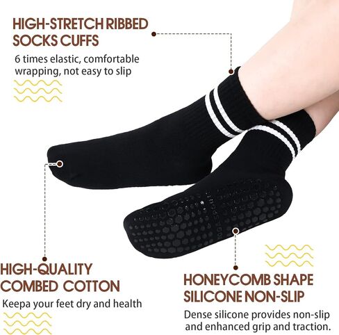Handepo 8 Pairs Yoga Socks with Grips for Women, Non Slip Crew Neck Long Socks for Pilates Yoga, Ballet, Fitness, Barre, Dance, Household Fitness Pilates Stripe Socks, White and Black in Saudi Arabia