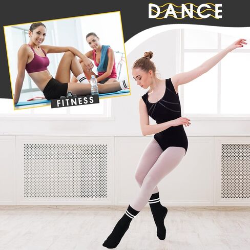 Handepo 8 Pairs Yoga Socks with Grips for Women, Non Slip Crew Neck Long Socks for Pilates Yoga, Ballet, Fitness, Barre, Dance, Household Fitness Pilates Stripe Socks, White and Black in Saudi Arabia