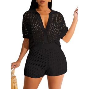 KANSOON Short Sets Women 2 Piece Outfits Knit Color Block Short Sleeve Button Down Shirt and Shorts Set