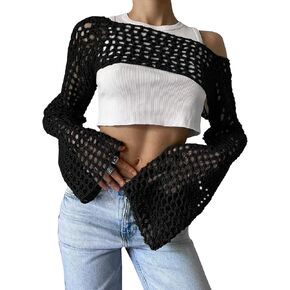 Lauweion Women's Sexy Hollow Out Crochet Knitted Crop Top Grunge Y2K Fit Backless Long Flare Sleeve Sweater Smock Top in Kuwait