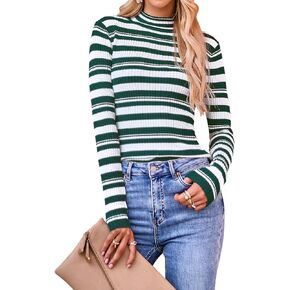 سترة نسائية من ABYOXI بمقاس نحيف بياقة مدورة وأكمام طويلة وخفيفة الوزن ومتماسكة ومضلعة كاجوال سترة مخططة in Kuwait