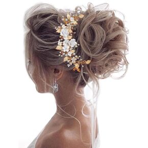 Unicra Flower Bride Wedding Hair Vine Pearl Bridal Hair Piece Leaf Hair Accessories Rhinestone Headband for Women and Girls (9inches) (Silver)