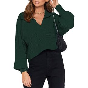 Kisscynest Women's V Neck Cropped Sweater Lantern Sleeve Ribbed Knit Lapel Collar Pullover Top Loose Fit