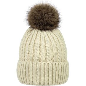 Simplicity Womens Beanie Hat Winter Hat Warm Fleece Lined Cable Knit Skull Ski Pom Pom Beanie for Cold Weather