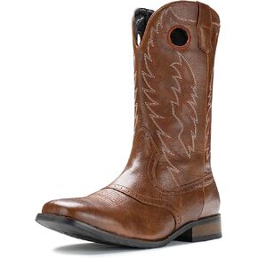 IUV Cowboy Boots For Men Western Boot Classic Embroidered Square Toe Pull On Mid-Calf Boots Round Hole