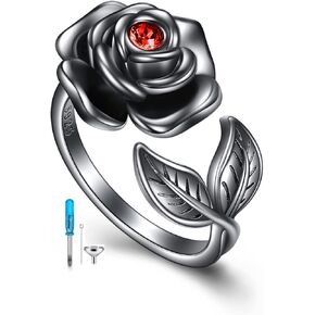 AOBOCO Sterling Silver Rose Ring Urn for Loved One Ashes Black Goth Rose Jewelry