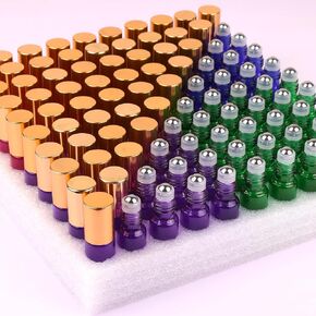 MaxMau 100X Colored Roller Bottles for Essential Oils Perfume 5ml Refillable Glass Bottle Metal Roll On Ball Golden Cap