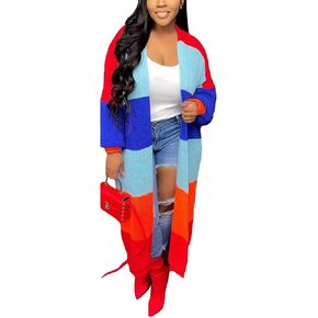 Women's Plus Size Knit Cardigan Long Sleeve Colorblock Open Front Sweater Coat Outwear with Pockets