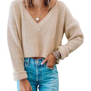Women's Cropped Sweaters V Neck Long Sleeve Waffle Knit Pullover Sweaters
