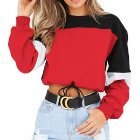 WEEPINLEE Women's Casual Long Sleeve Round Neck 3 Color Stitching Hem Lace Up Crop Sweatshirts in Kuwait
