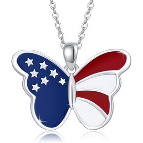 PCTJYFU قلادة العلم الأمريكي 925 فضة فراشة قلادة للنساء 4th من يوليو مجوهرات وطنية للفتيات in Kuwait