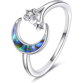 AINFQY Moon Star Ring for Women 925 Sterling Silver Opal Crescent Adjustable Open Ring Celestial Jewelry for Girls