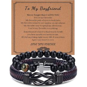 2pcs Infinity Bracelet for Men Gift for Boyfriend Husband Grandson Son Dad Husband Grandpa Knot Braided Leather Stainless Steel Graduation Birthday Valentines Day Gifts 7.5|8.5|9 Inches