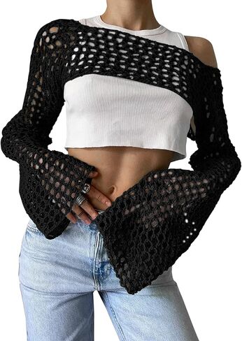 Lauweion Women's Sexy Hollow Out Crochet Knitted Crop Top Grunge Y2K Fit Backless Long Flare Sleeve Sweater Smock Top in Kuwait