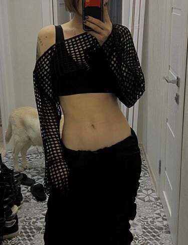 Lauweion Women's Sexy Hollow Out Crochet Knitted Crop Top Grunge Y2K Fit Backless Long Flare Sleeve Sweater Smock Top in Kuwait