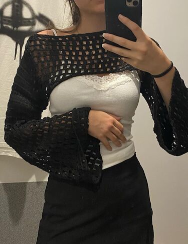 Lauweion Women's Sexy Hollow Out Crochet Knitted Crop Top Grunge Y2K Fit Backless Long Flare Sleeve Sweater Smock Top in Kuwait