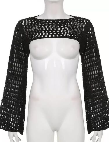 Lauweion Women's Sexy Hollow Out Crochet Knitted Crop Top Grunge Y2K Fit Backless Long Flare Sleeve Sweater Smock Top in Kuwait