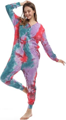 Lifeye Womens Onesie Pajamas Romper Sleepwear Set Tie Dye Long Sleeve Jumpsuit Homewear with Drop Seat Butt Flap in Saudi Arabia