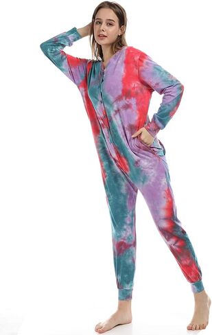 Lifeye Womens Onesie Pajamas Romper Sleepwear Set Tie Dye Long Sleeve Jumpsuit Homewear with Drop Seat Butt Flap in Saudi Arabia