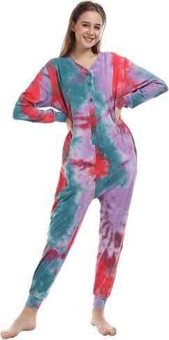 Lifeye Womens Onesie Pajamas Romper Sleepwear Set Tie Dye Long Sleeve Jumpsuit Homewear with Drop Seat Butt Flap in Saudi Arabia